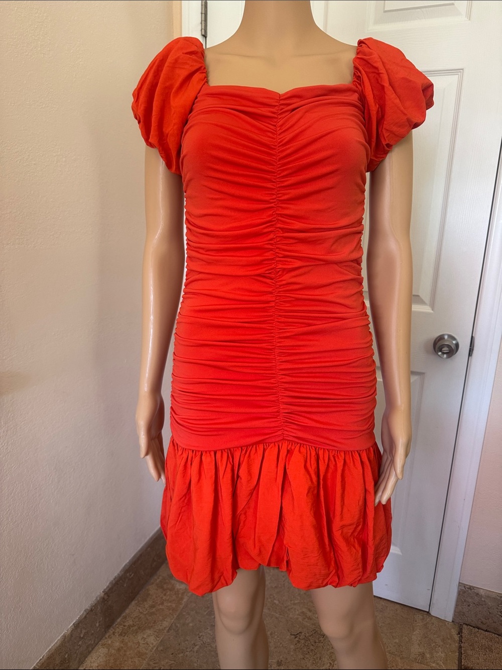 NWT DIVIDED (H&M) Red Ruched Puff-Sleeve Fully Underlined Mini Dress, Size S